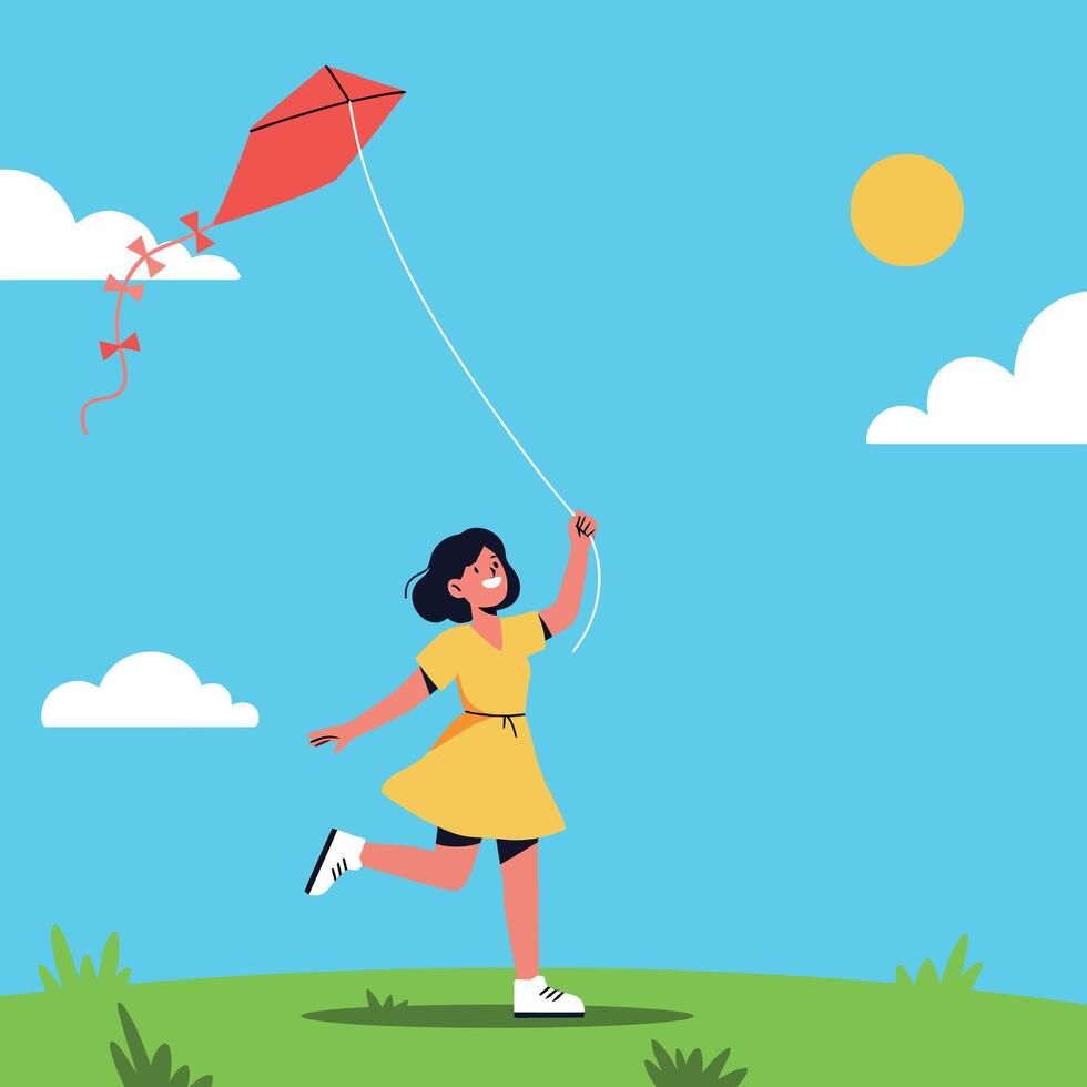 Girl flying a red kite on a sunny day in a flat illustration vector