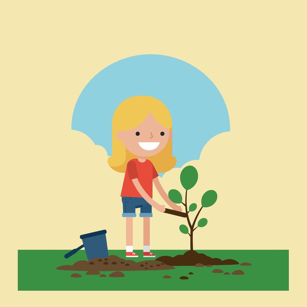 A cheerful girl planting a young tree in the ground using a blue shovel, flat illustration vector