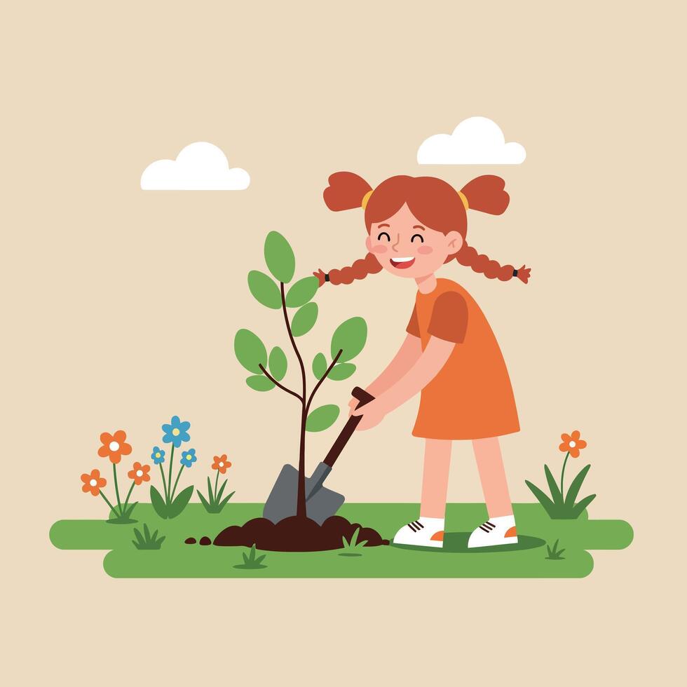 Young girl planting a small tree in a garden, flat design, cheerful atmosphere, illustration vector