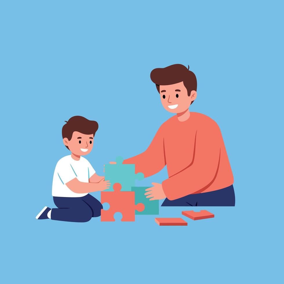 Father and son enjoying quality time while assembling colorful puzzle pieces in flat art vector