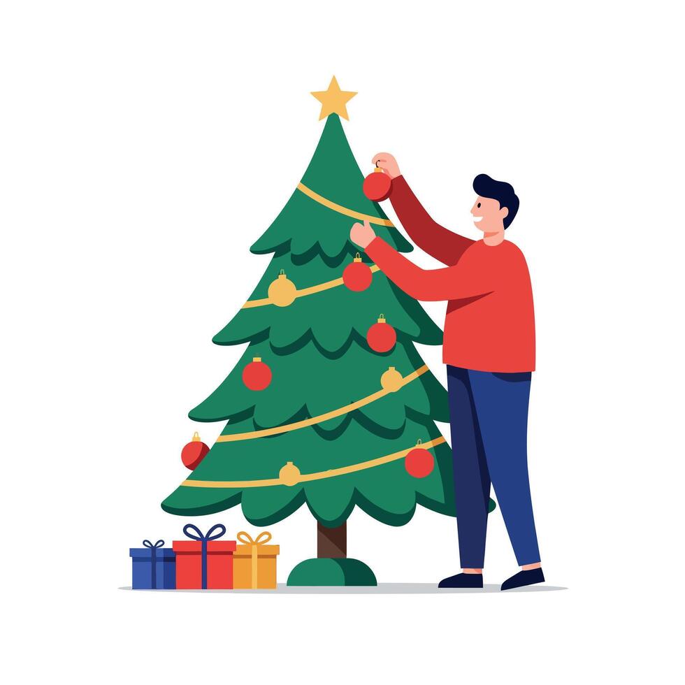 A cheerful man decorating a Christmas tree with ornaments in a flat, colorful art style vector
