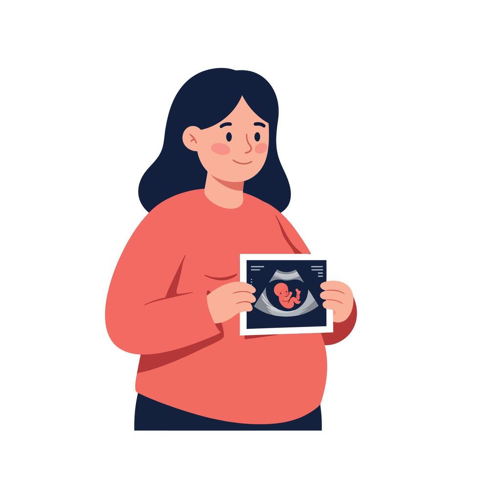 Pregnant woman happily holding ultrasound photo in minimal flat art vector