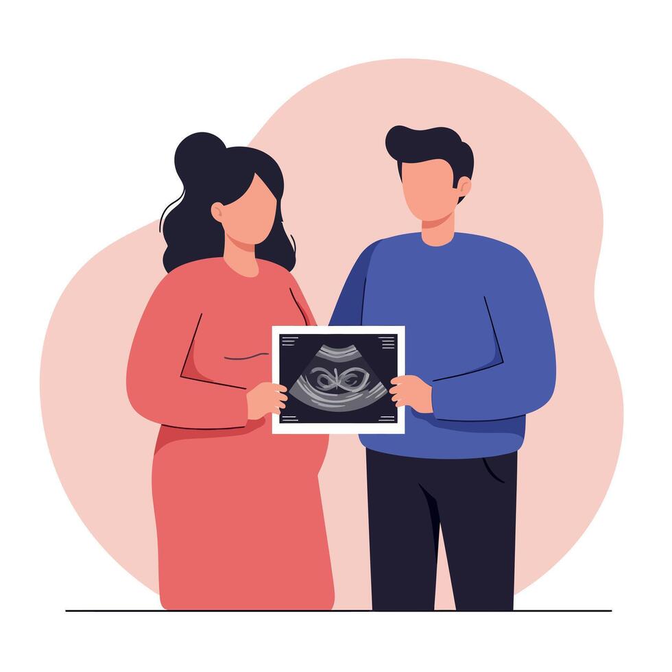 Expecting parents joyfully holding ultrasound image in flat art vector
