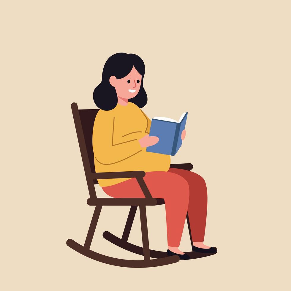Pregnant woman relaxing in a rocking chair, reading a book, flat illustration vector