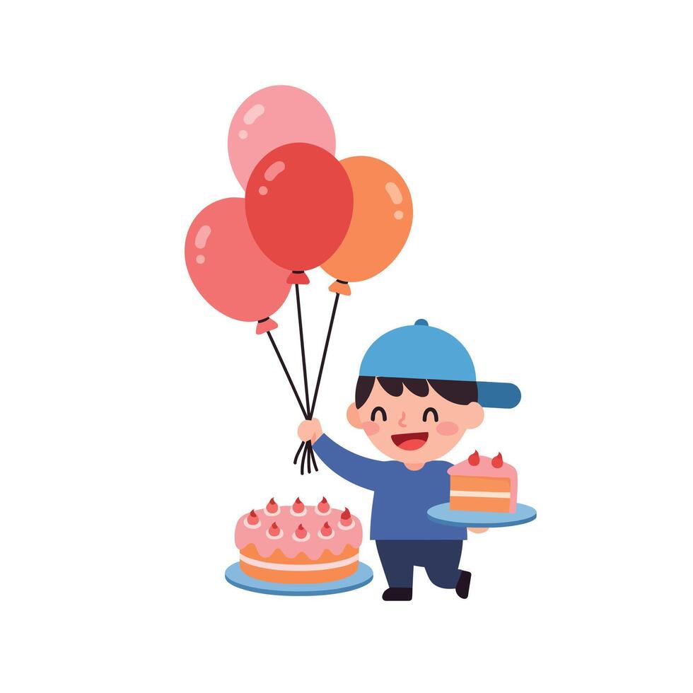 A cheerful boy holding colorful balloons and birthday cakes in flat art vector