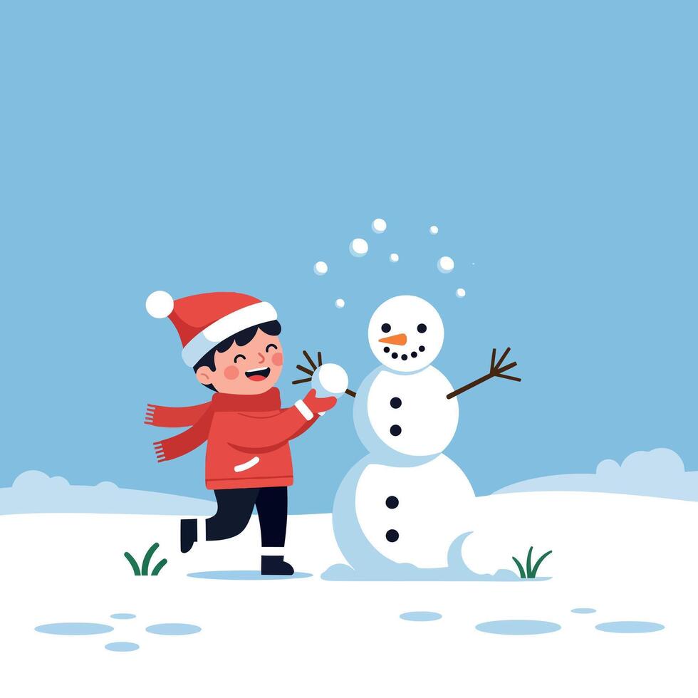 A cheerful child in a red winter outfit playing with a snowman in flat art vector