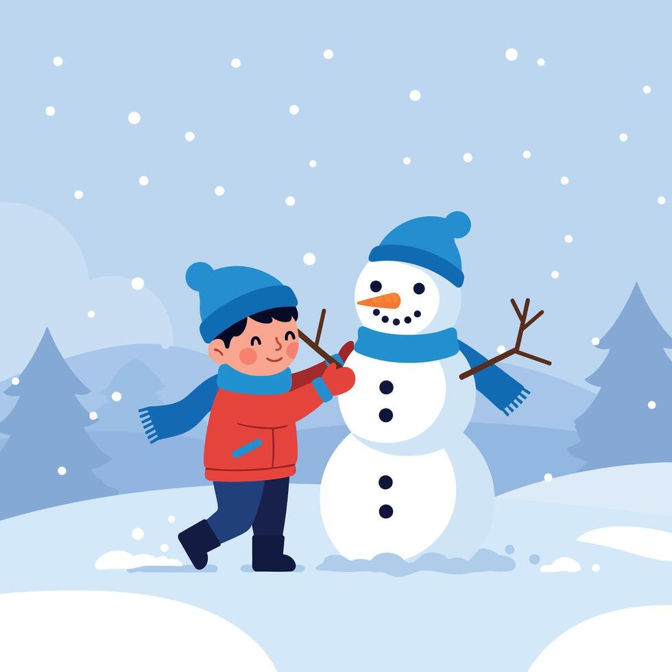 A cheerful boy building a snowman in a winter landscape with flat art vector