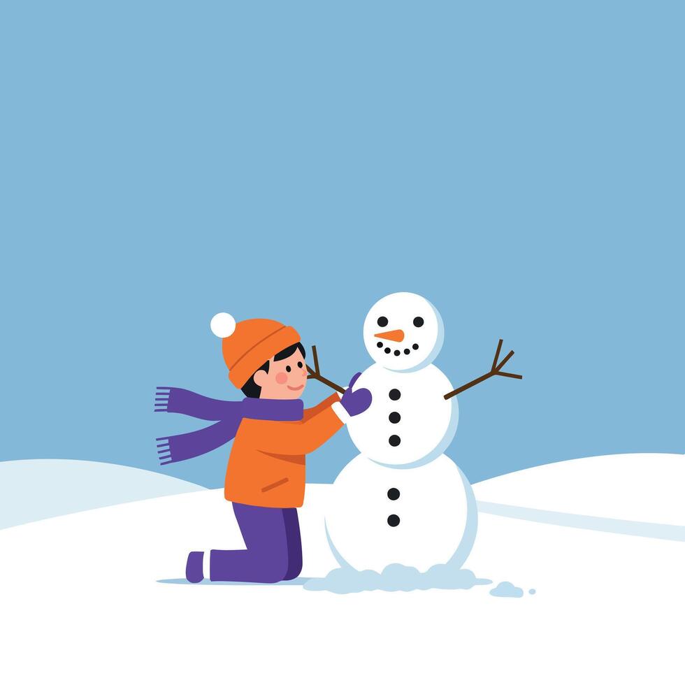 Child building a snowman in a snowy landscape with flat art vector