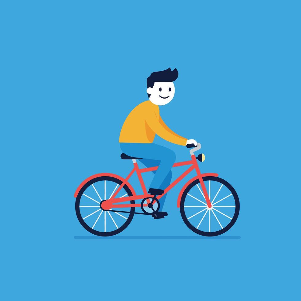 Cheerful young man riding a red bicycle in a flat style illustration vector