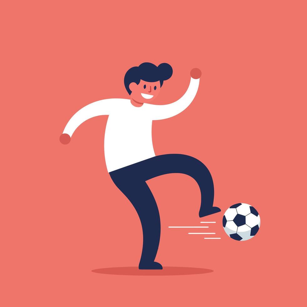 Active young man joyfully kicking a soccer ball in a flat illustration vector