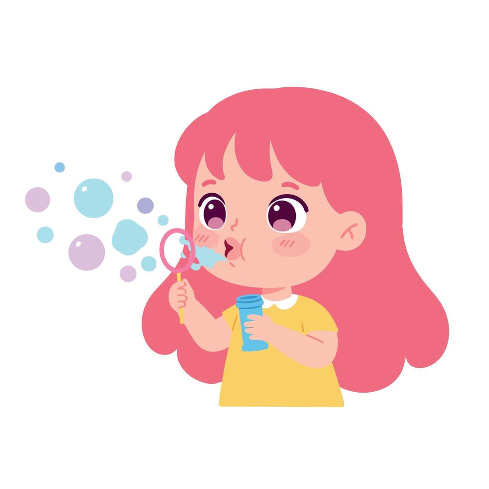 Young girl with pink hair blowing bubbles in a playful, flat illustration vector