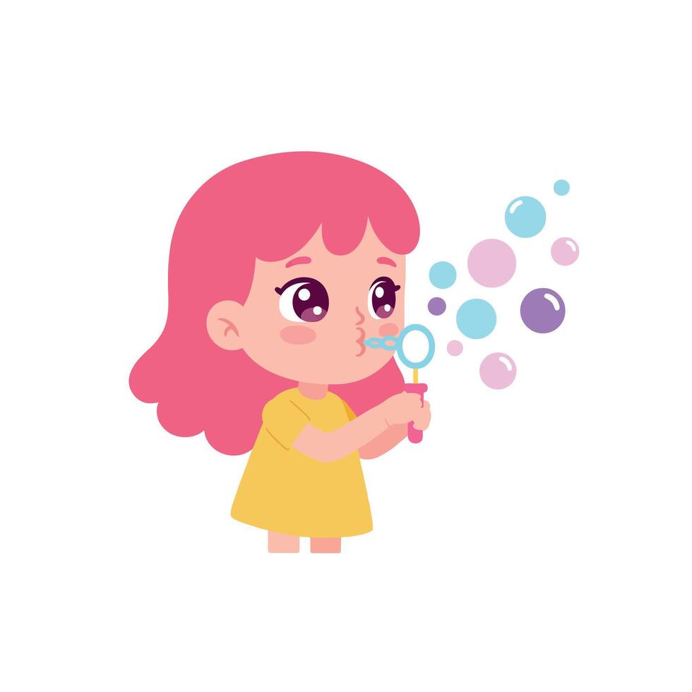 Young girl blowing colorful bubbles in a cheerful setting, flat illustration vector