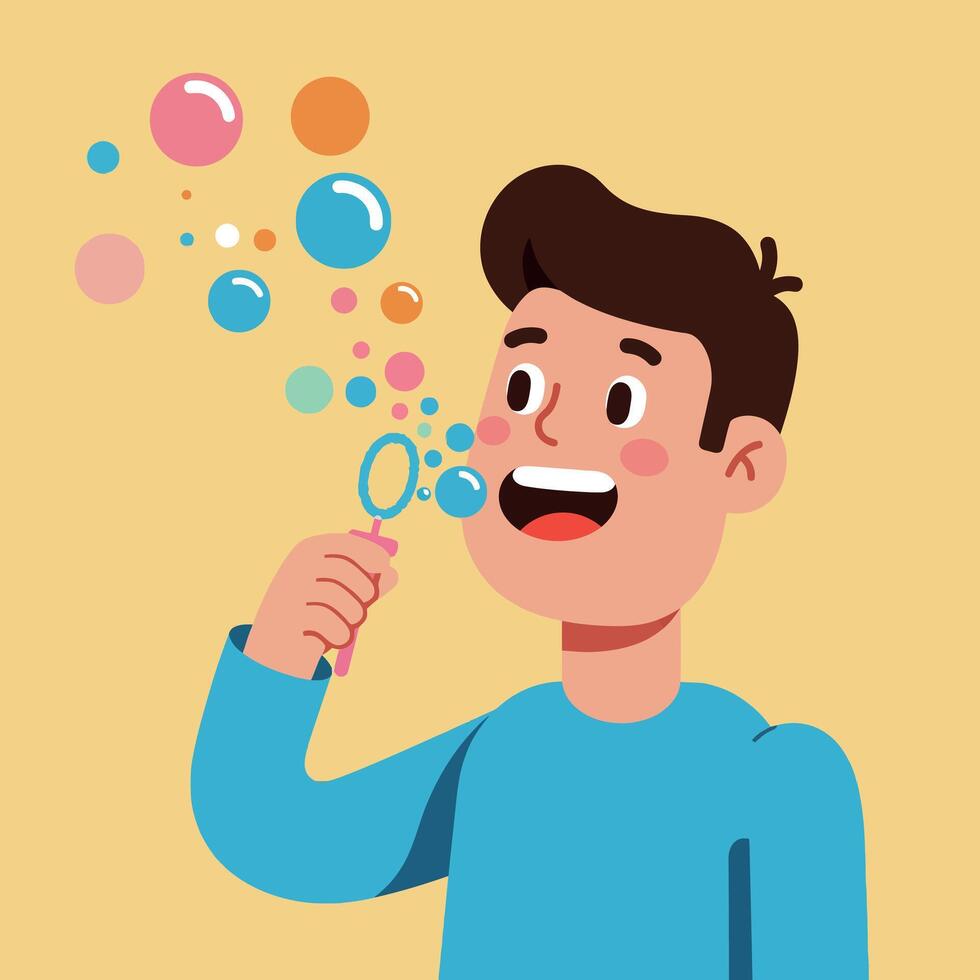 A cheerful young boy blowing colorful bubbles in a playful, flat design illustration vector