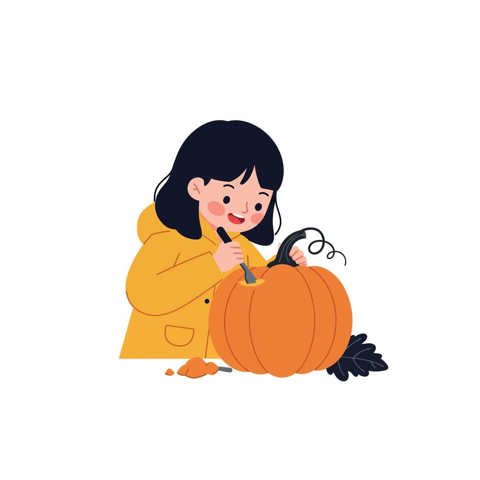 Child in yellow raincoat carving a pumpkin in flat art style vector