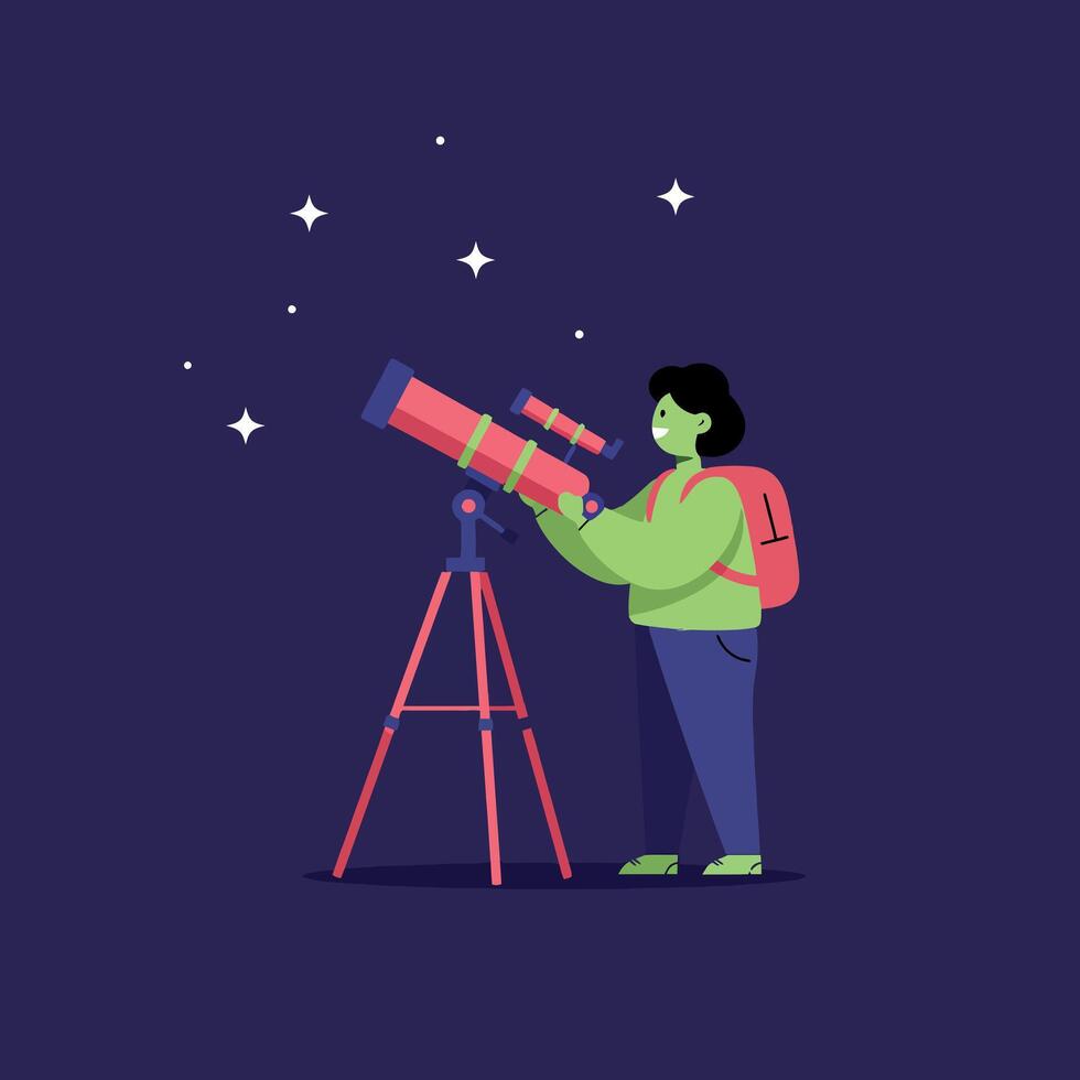 A child observing stars through a telescope in a night sky, flat illustration vector