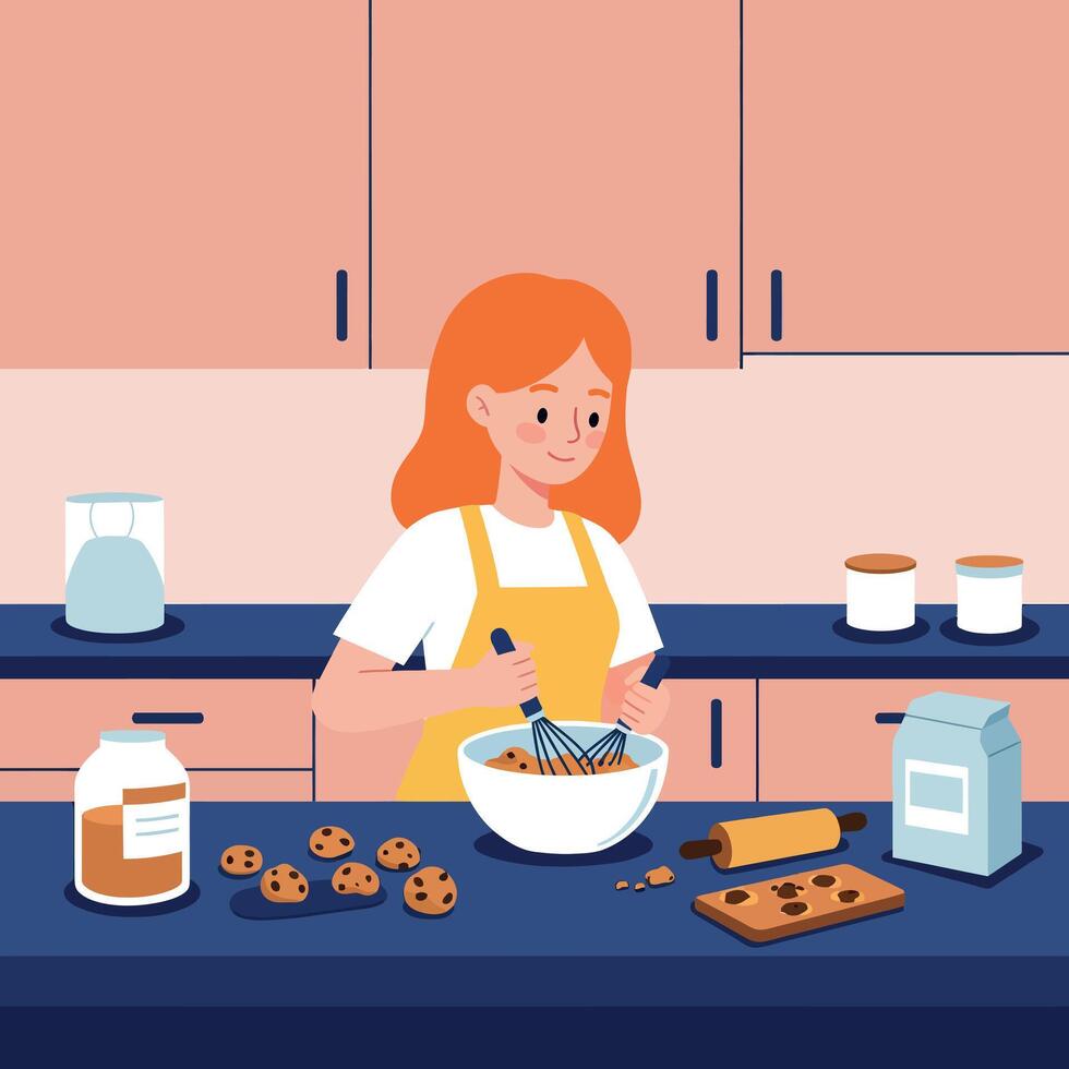 A woman baking cookies in a cozy kitchen with flat design art vector