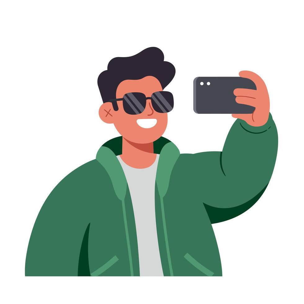 Young man taking a selfie in a green jacket wearing sunglasses flat art vector