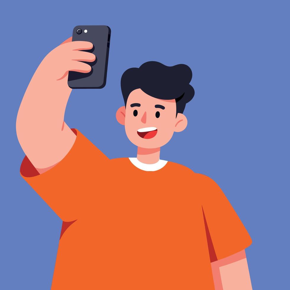 Young man in orange shirt happily taking a selfie in a minimal illustration vector