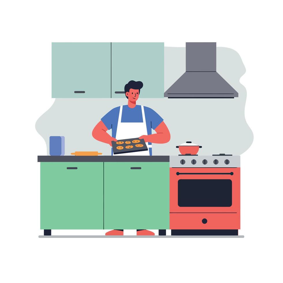A man cooking cookies in a modern kitchen with flat design elements showcasing vibrant colors in art vector