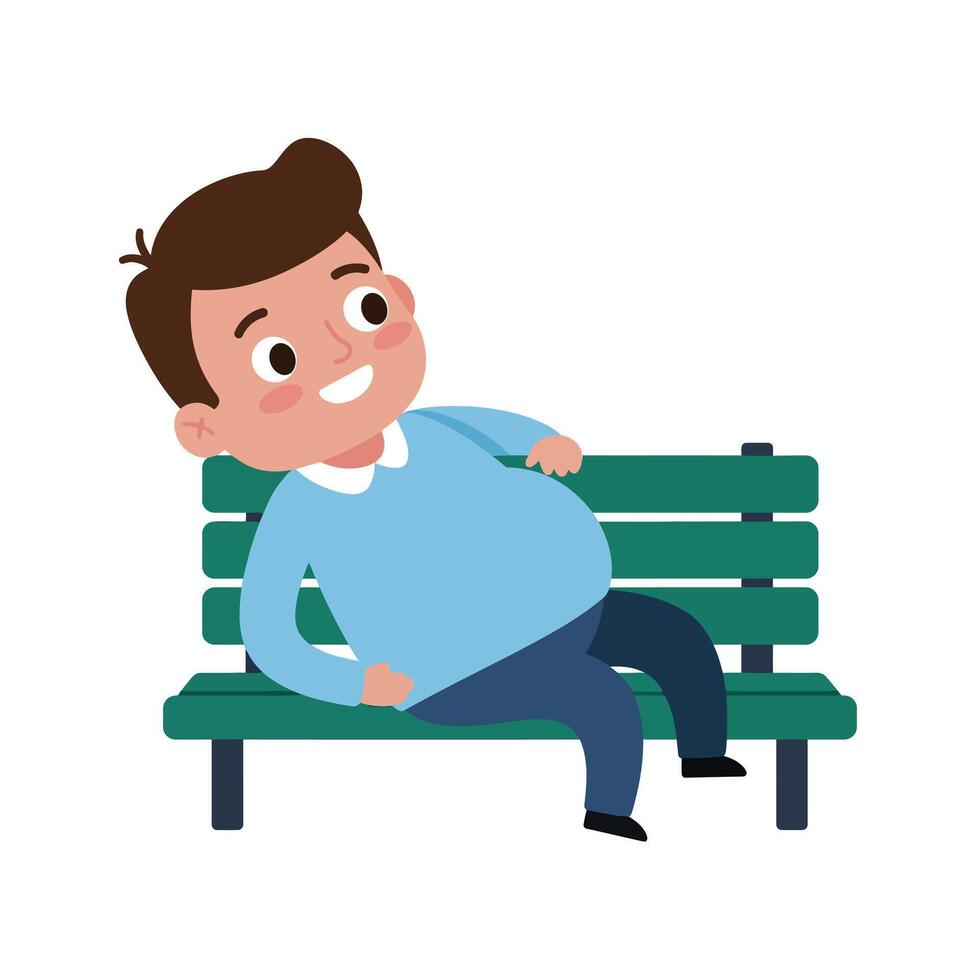 Young boy relaxing on a green park bench in a flat and cheerful illustration vector
