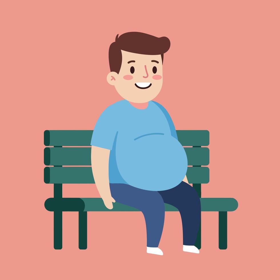 Happy man sitting on a green park bench in a flat illustration vector