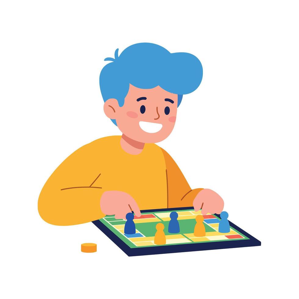 A cheerful boy playing a board game with colorful pieces in a flat illustration vector