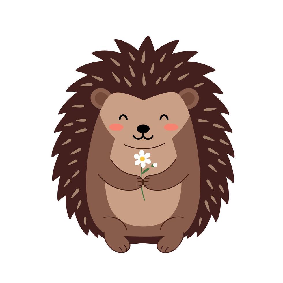 Cute brown hedgehog holding a daisy flower in a flat illustration vector