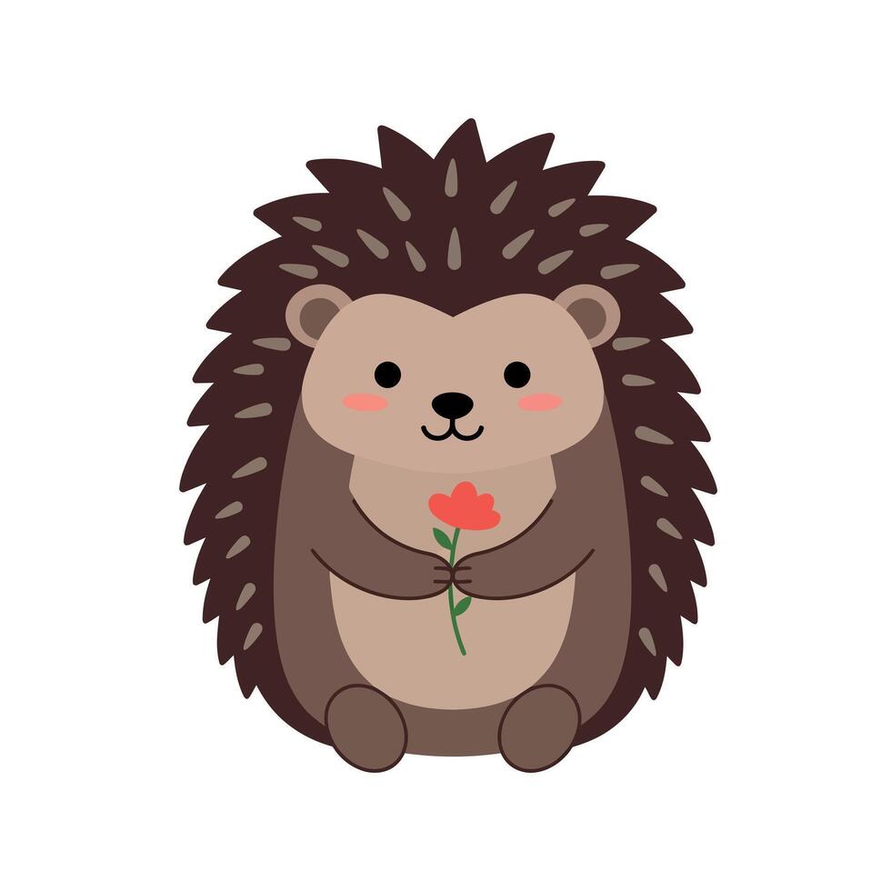 Cute hedgehog holding a red flower in a flat illustration vector