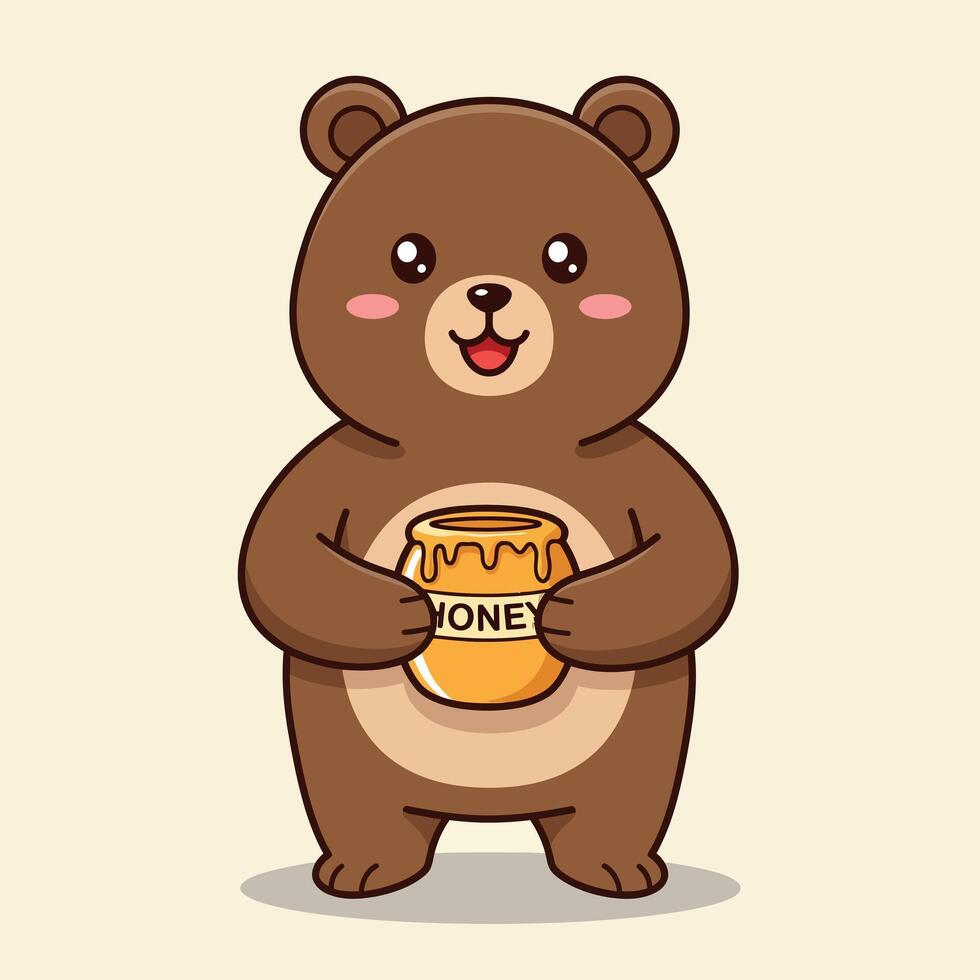 Cute brown bear holding a jar of honey in a playful, minimal illustration vector