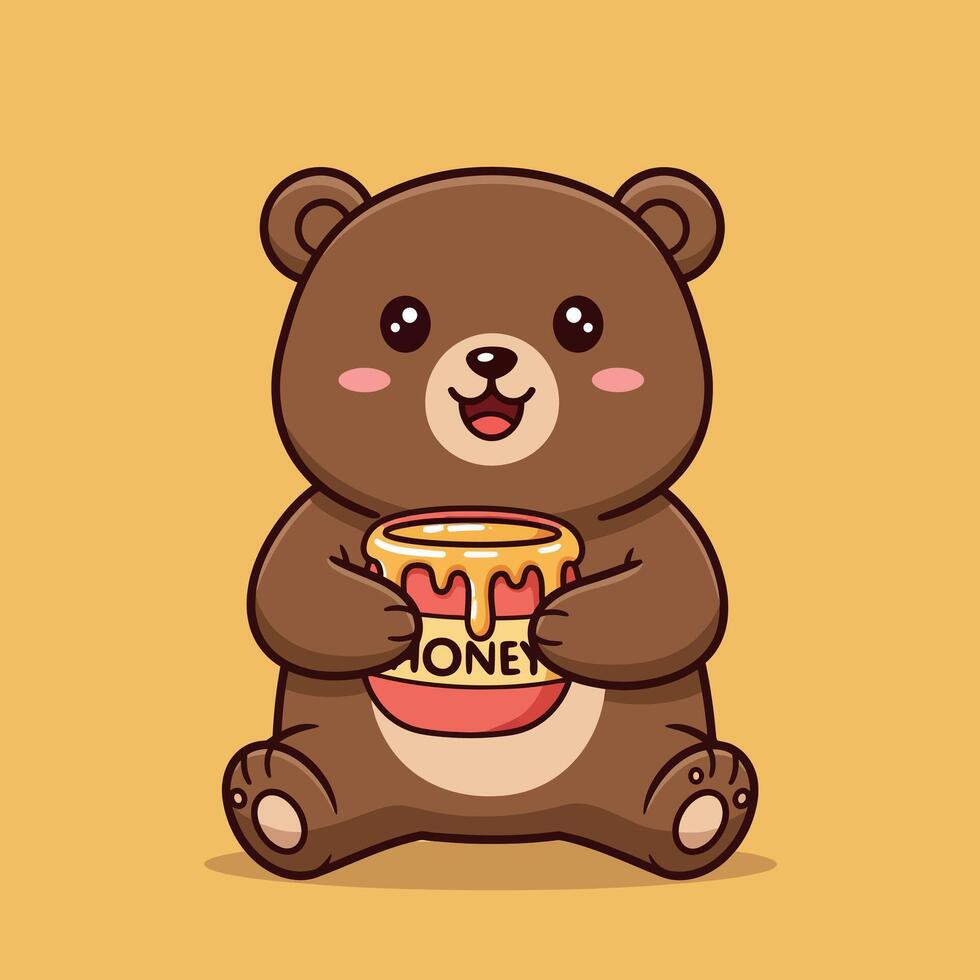Cute brown bear happily holding a jar of honey in a flat illustration vector