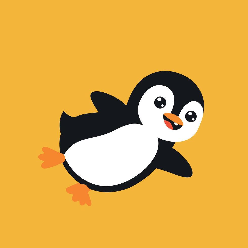 Happy cartoon penguin swimming playfully in a bright yellow background, flat art vector