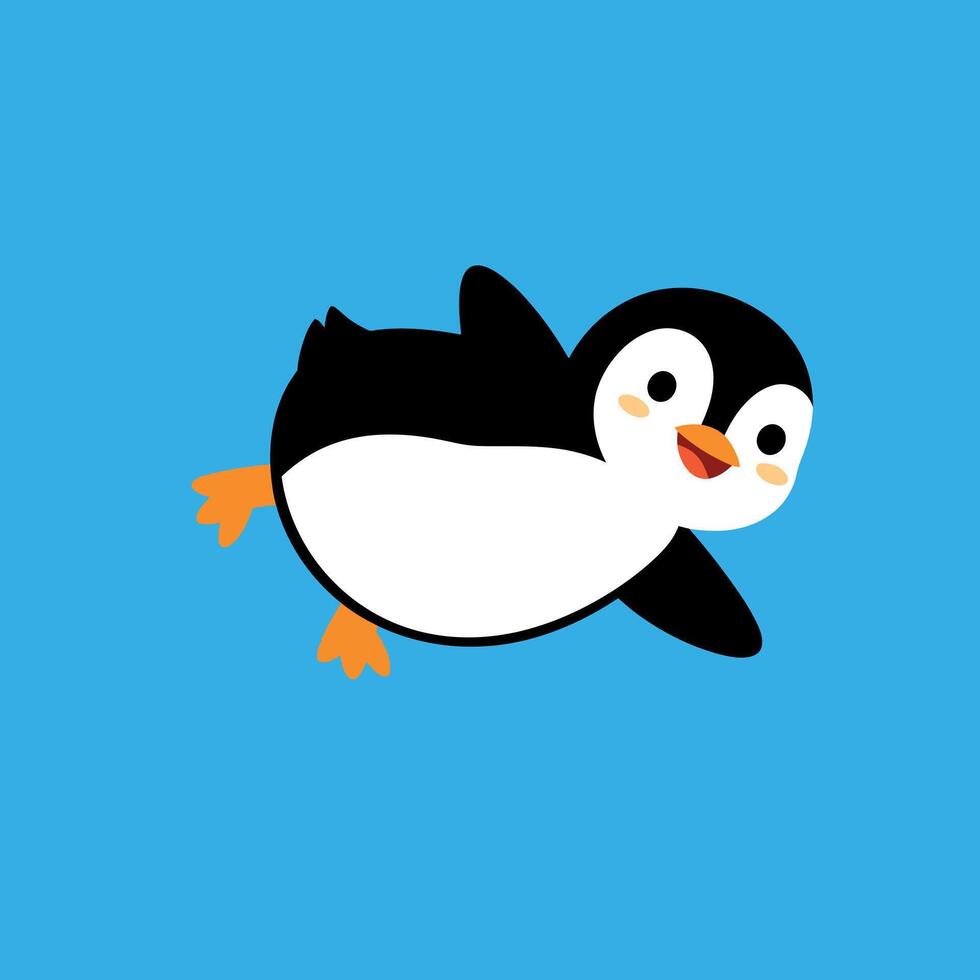 Cartoon penguin swimming joyfully in a bright blue background with playful flat art vector