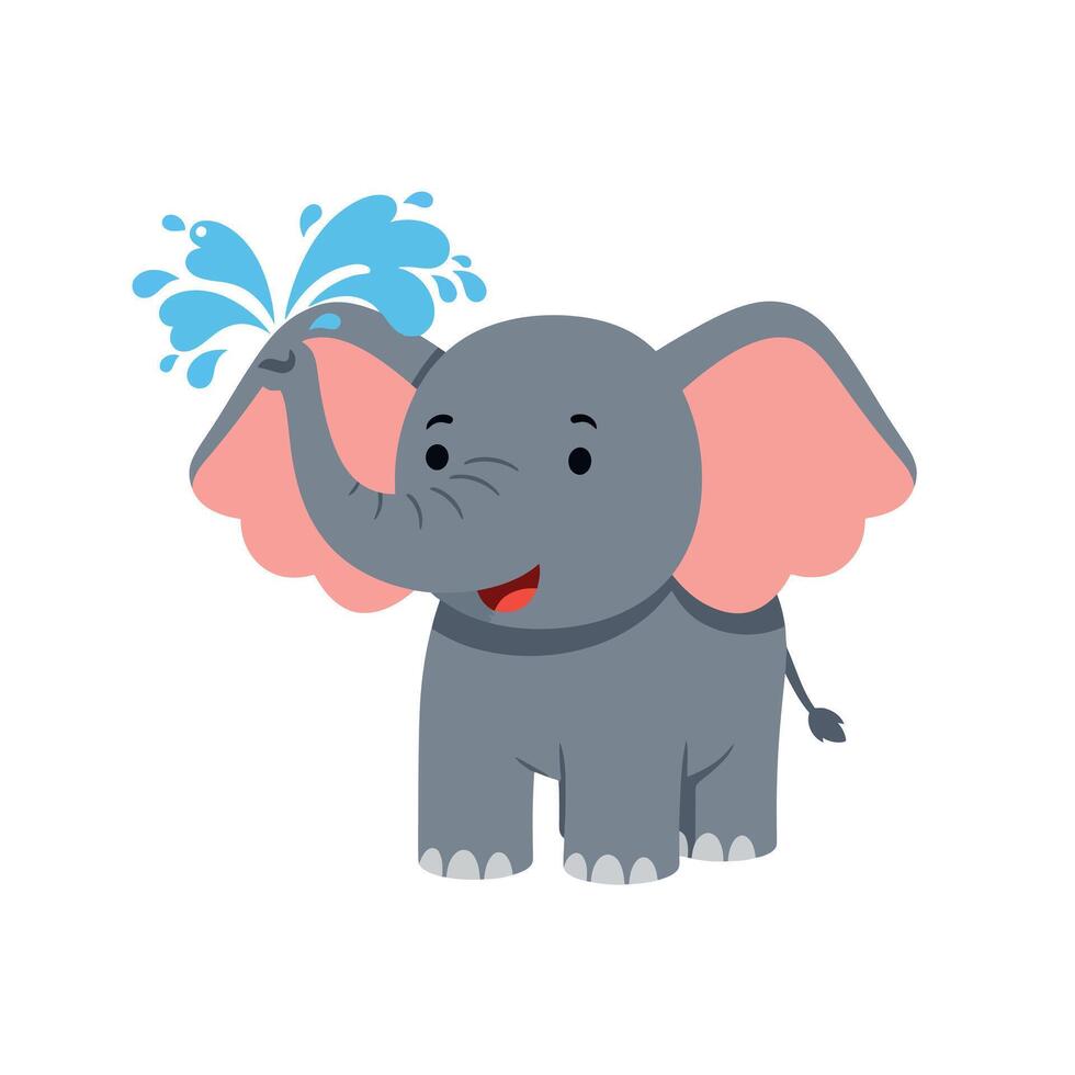 Happy elephant splashing water playfully in a colorful flat illustration vector