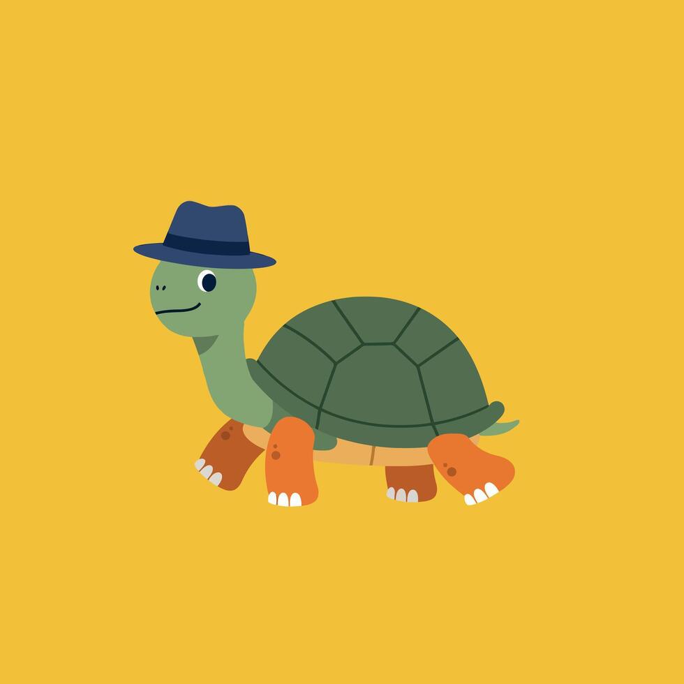 Playful turtle wearing a blue hat and orange boots in a flat illustration vector