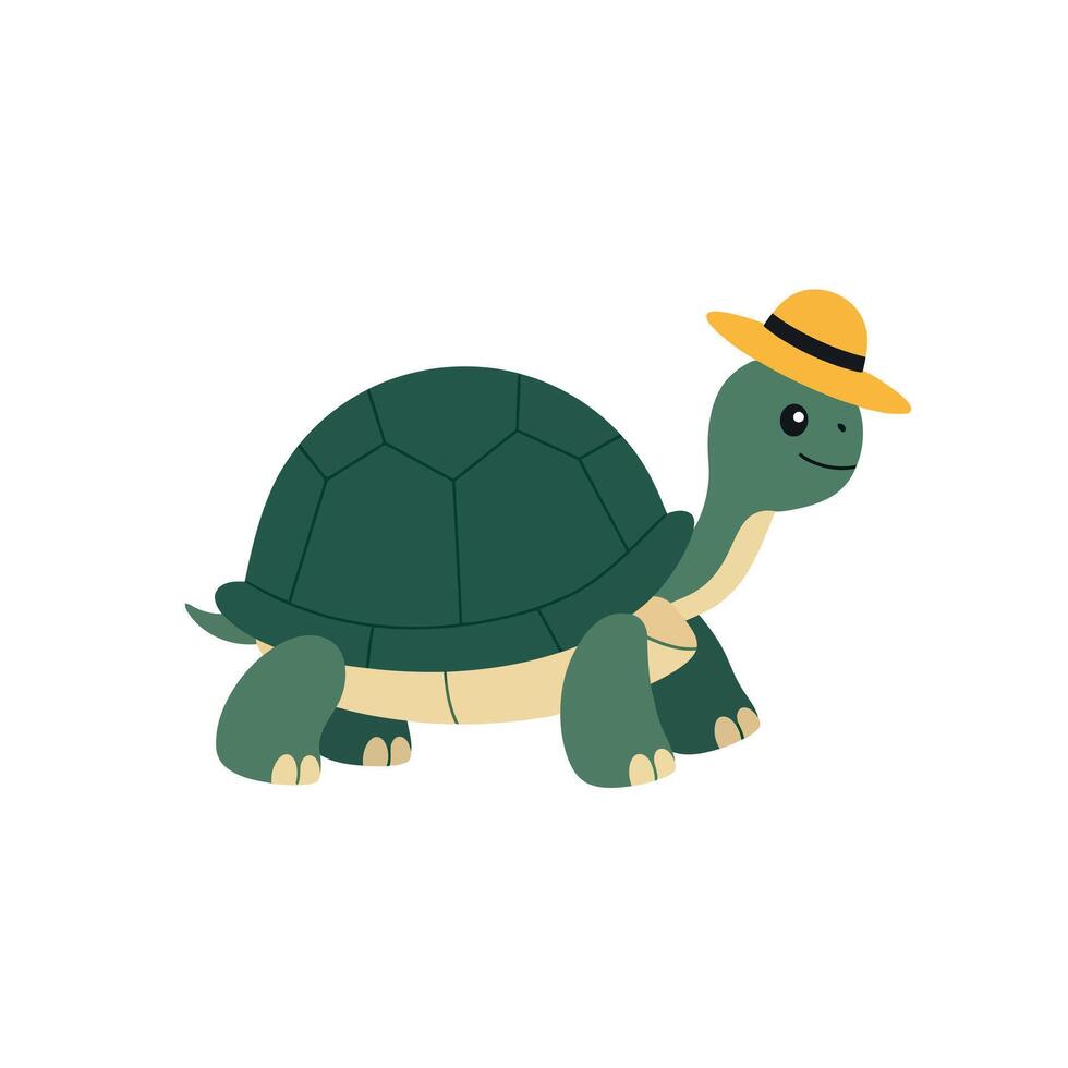 Cute turtle wearing a yellow hat in a flat design illustration vector