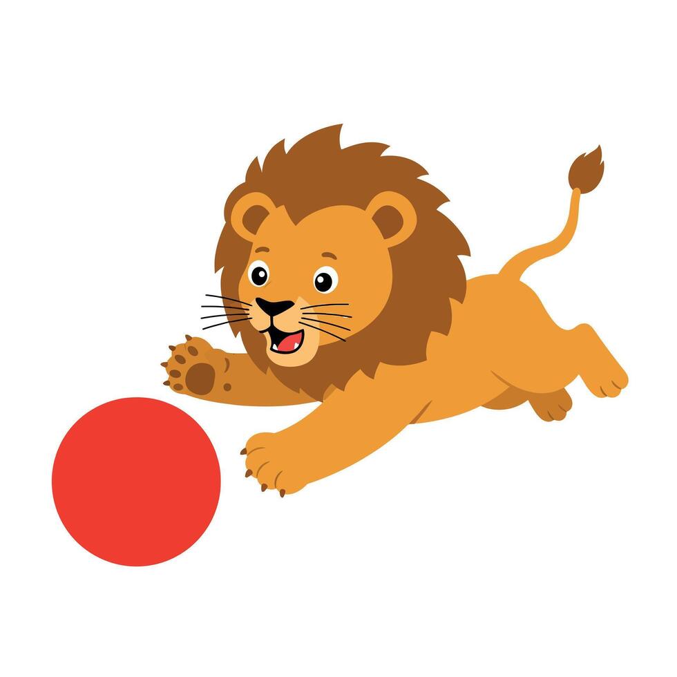 Playful lion joyfully chasing a bright red ball in flat art vector