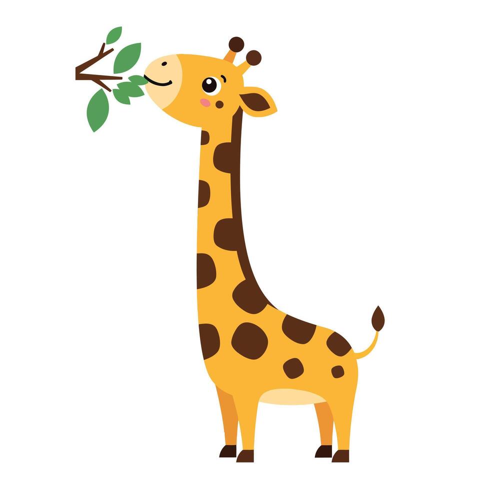 Cute giraffe standing and munching leaves in a cheerful flat illustration vector