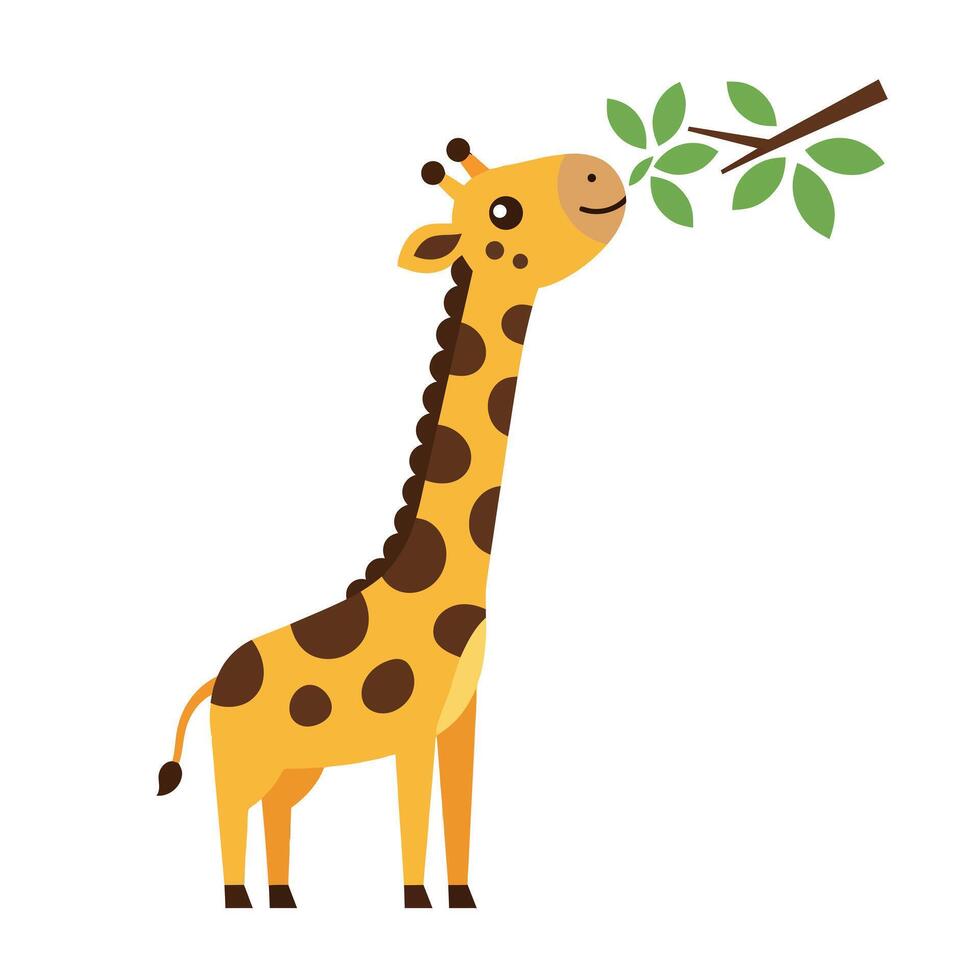 Cheerful giraffe happily munching on green leaves in flat art vector