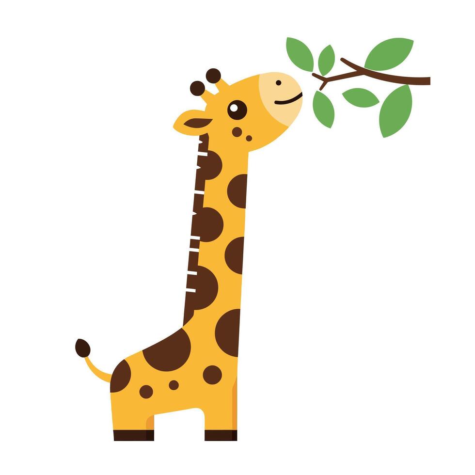 Playful giraffe with a green leaf in its mouth in flat art vector