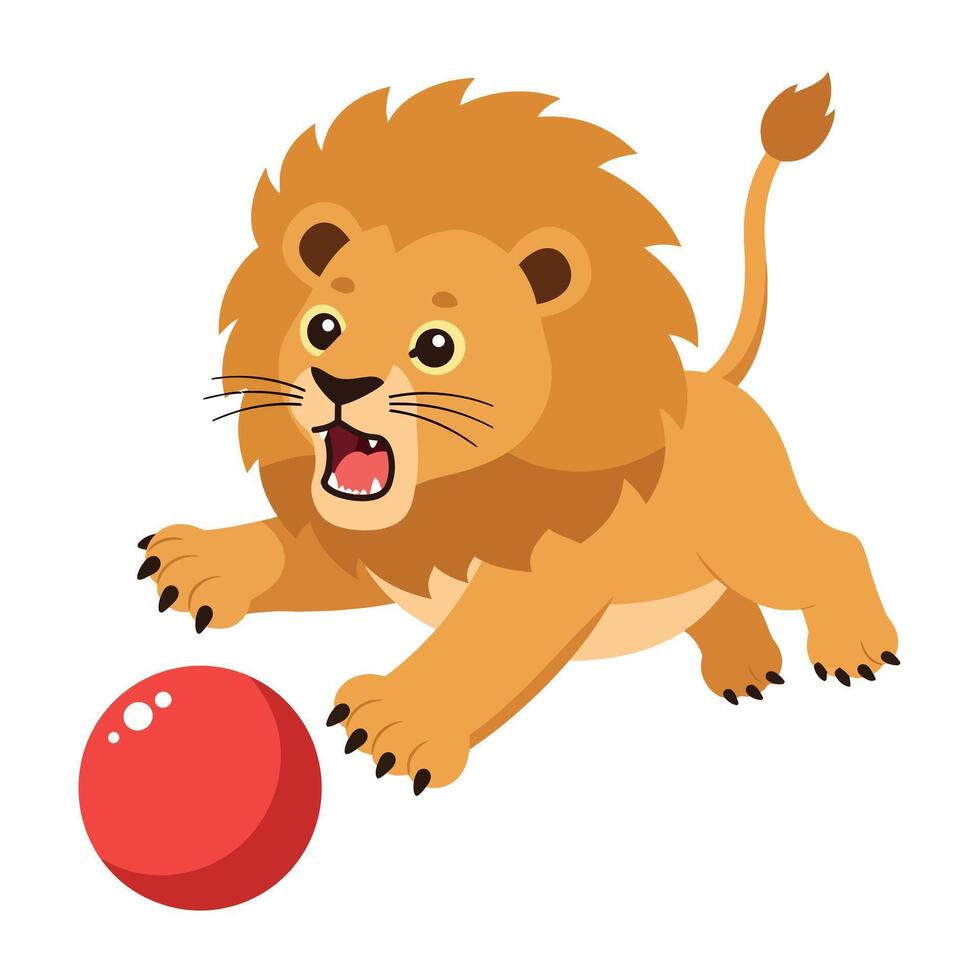 Playful lion chasing a red ball in a vibrant flat illustration vector