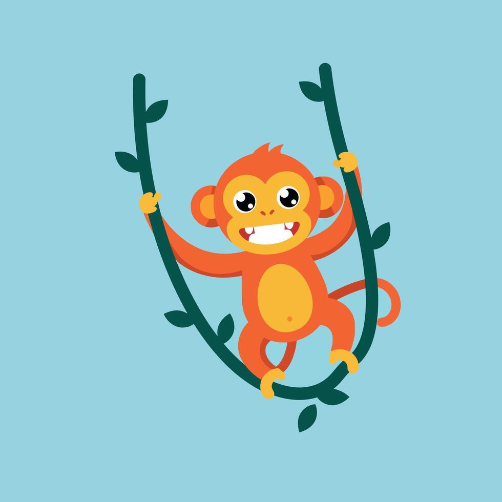 Playful orange monkey swinging on green vines in flat art vector