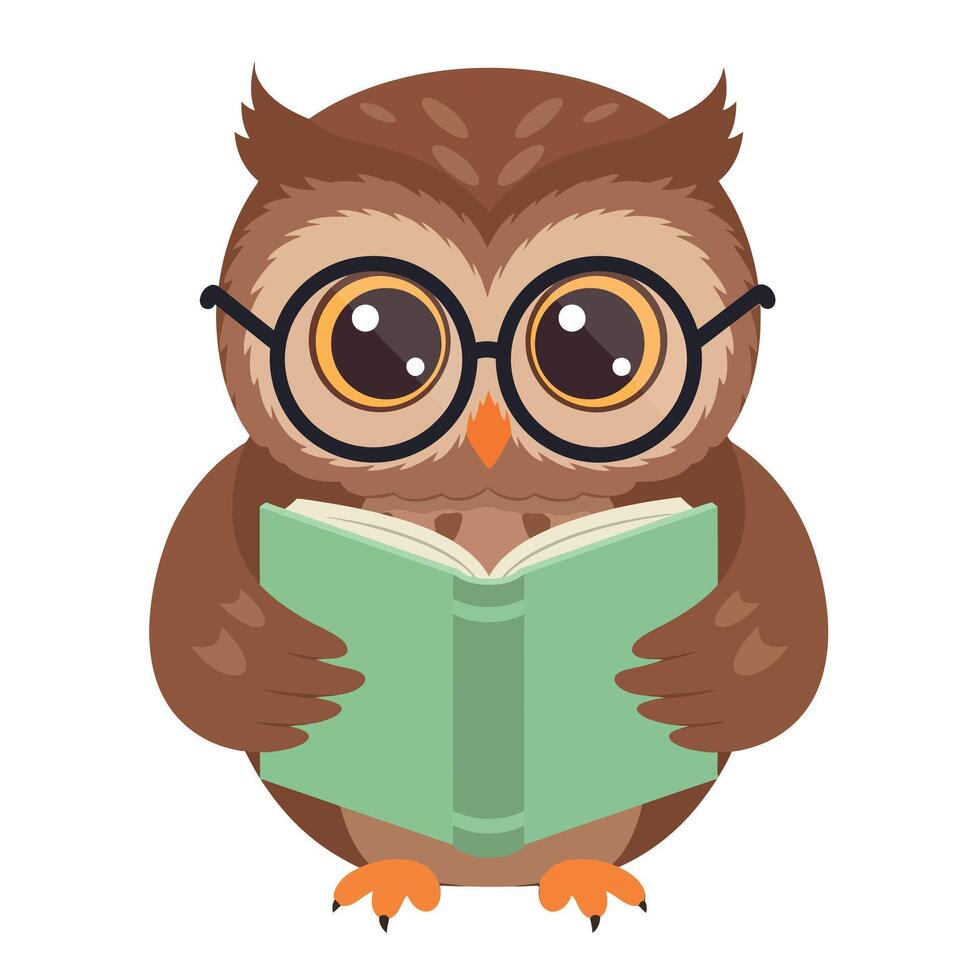 Cute owl wearing glasses reading a green book in a flat illustration vector
