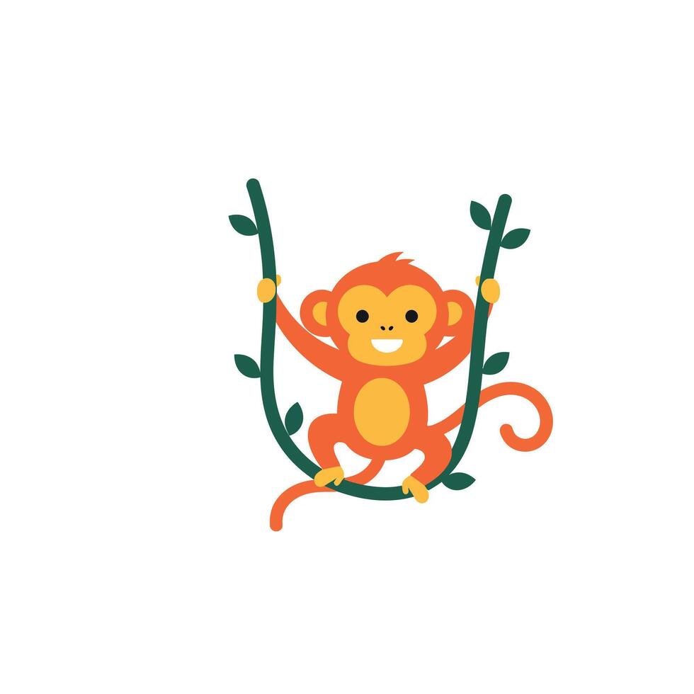 Playful orange monkey swinging on green vines in a cheerful, flat illustration vector