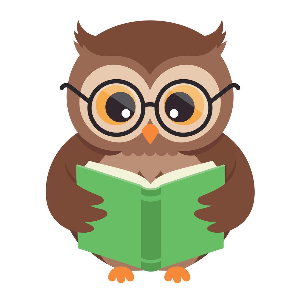 A wise owl wearing glasses happily reading a green book in a flat illustration vector