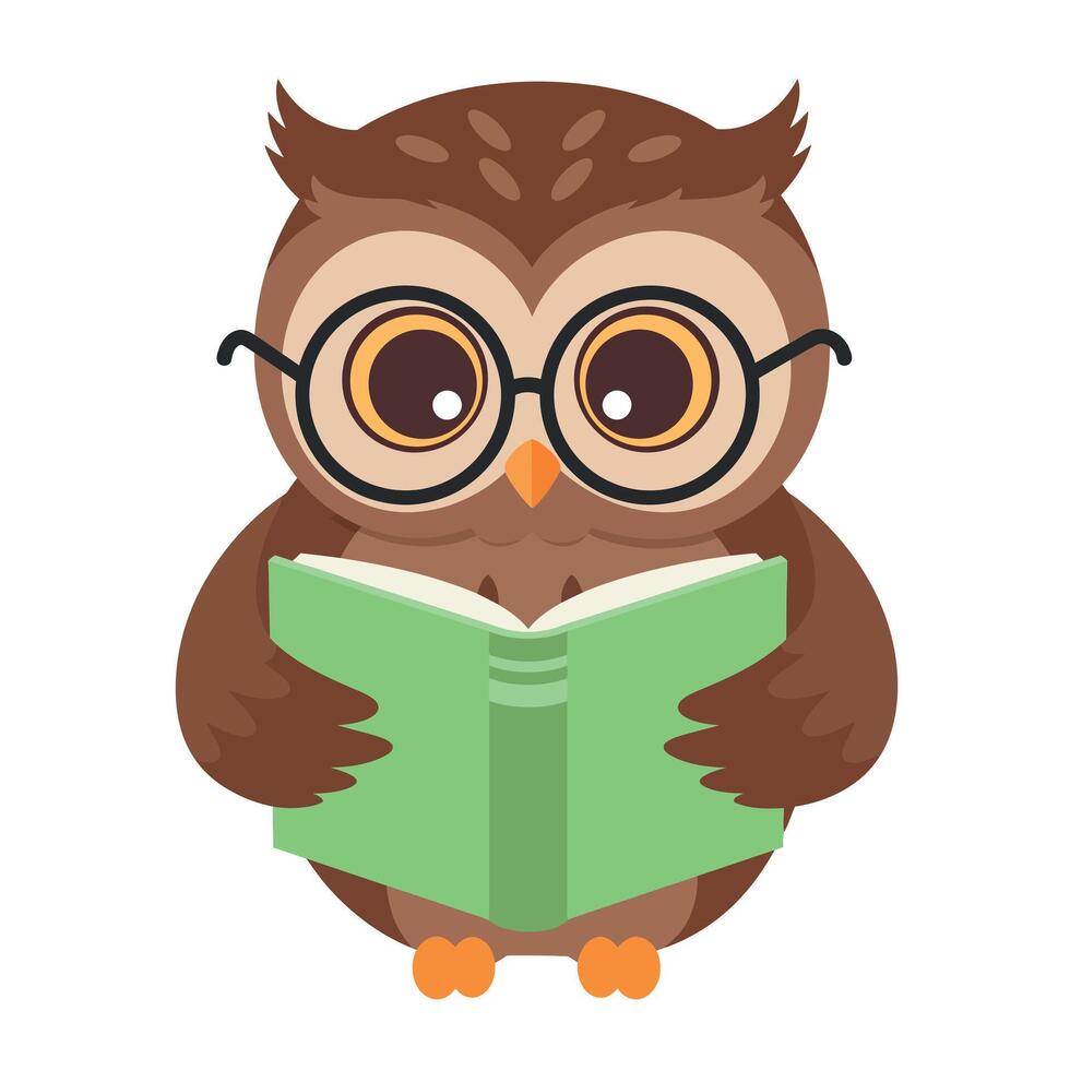 Cute brown owl wearing glasses reading a green book in a playful flat illustration vector
