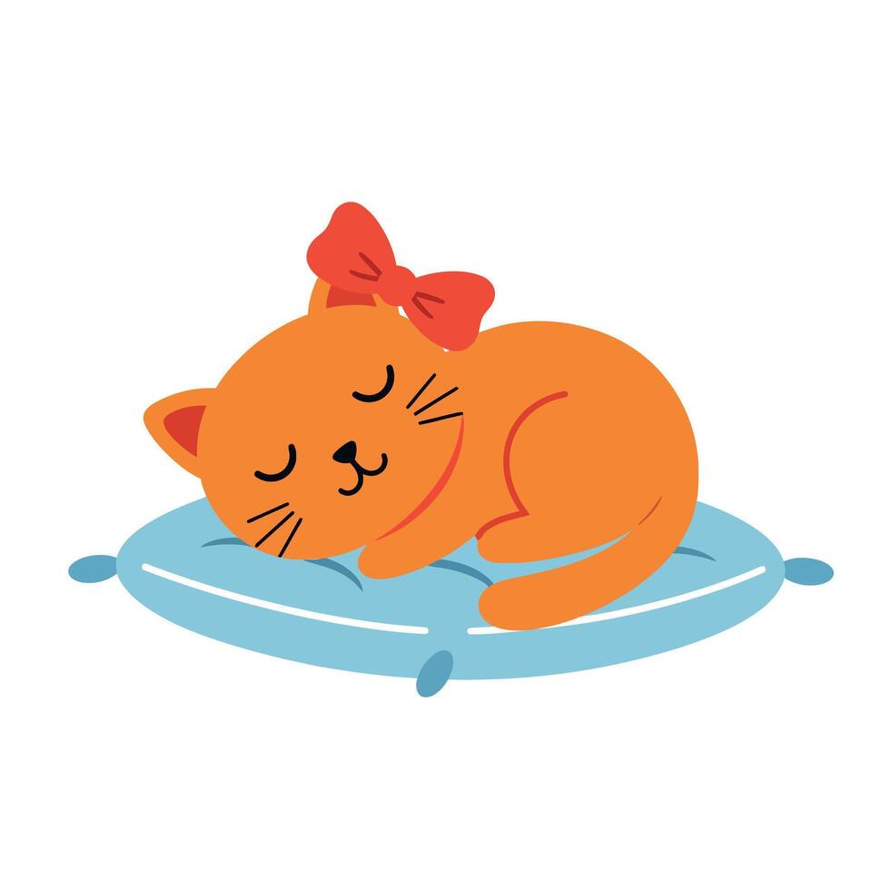 Orange cat curled up peacefully on a blue pillow in flat art vector