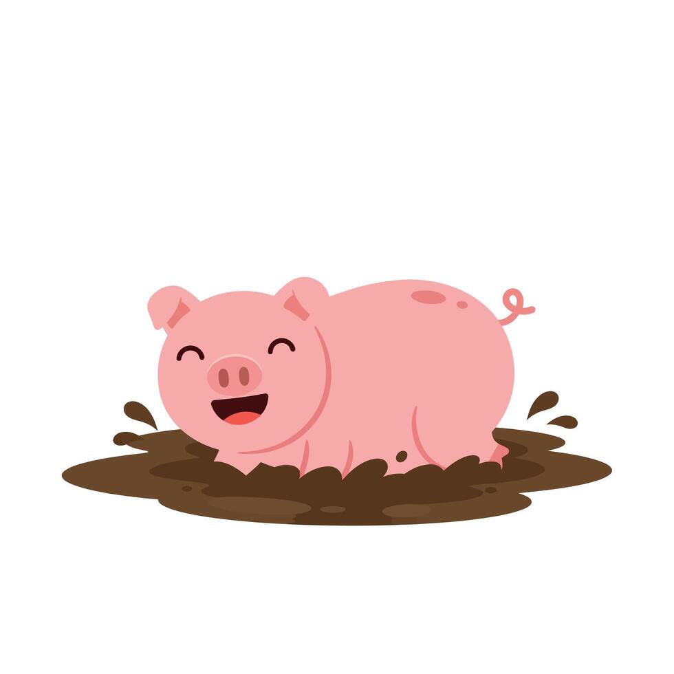 Happy pink pig playing joyfully in muddy puddle, flat illustration vector
