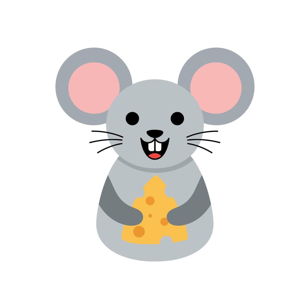 Cute cartoon mouse holding a piece of cheese in a flat illustration vector