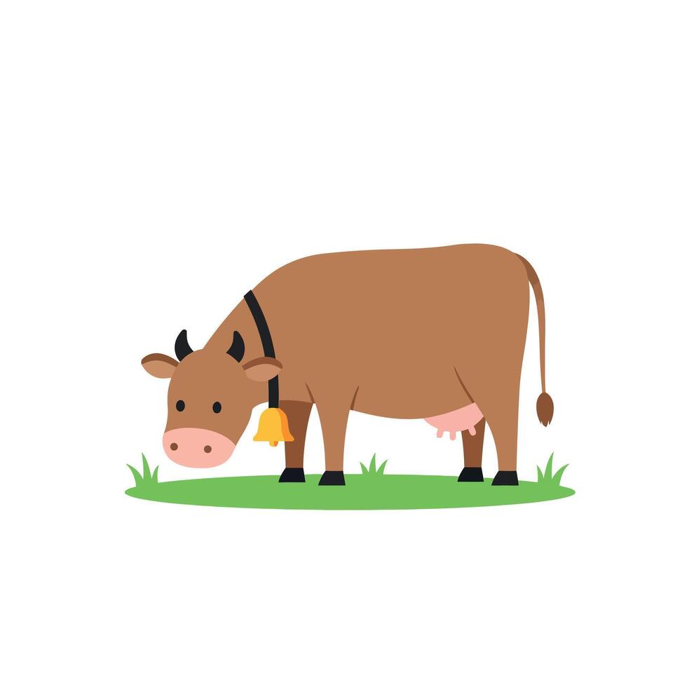 Brown cow grazing peacefully on green grass in flat art style vector