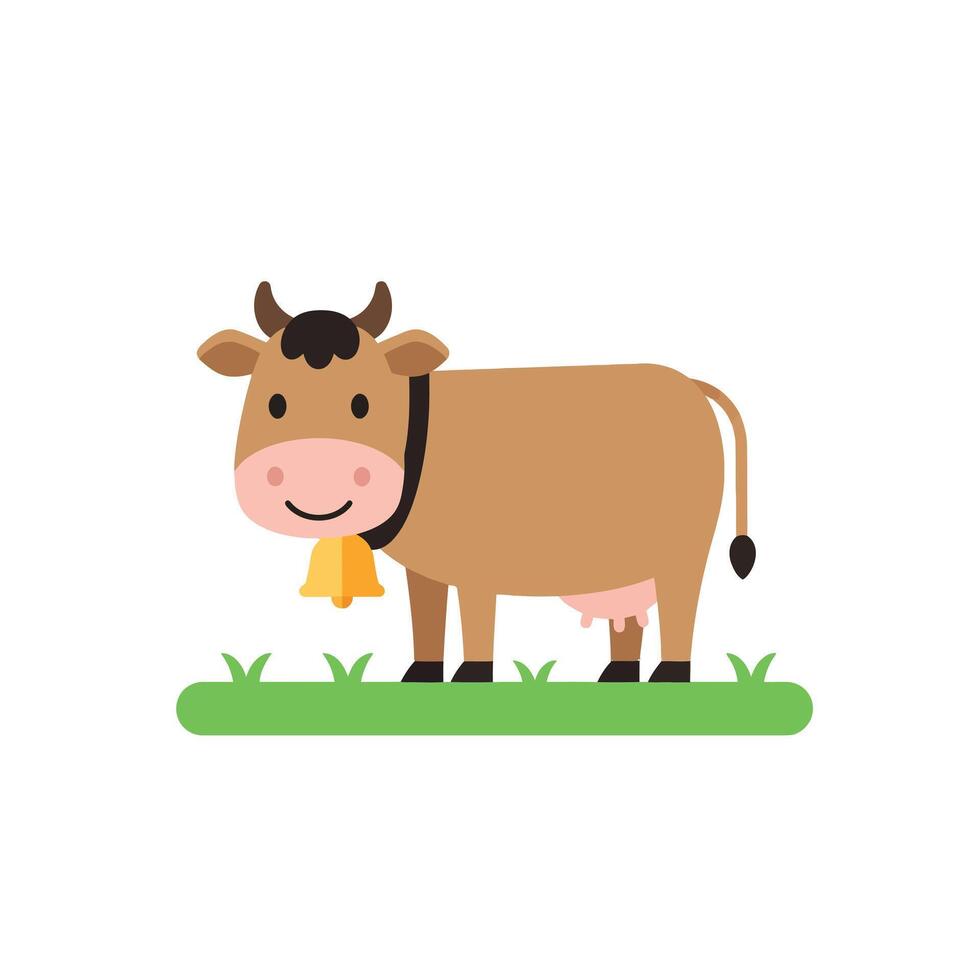 Happy brown cow standing on green grass in flat art style vector
